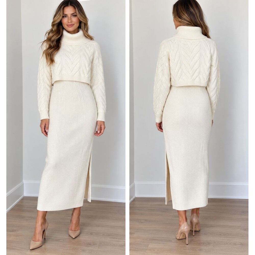 White House Black Market 2 Piece Cable Sweater Midi Dress Set Size M Ivory NWT